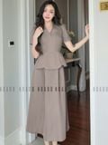 Set áo váy peplum nâu