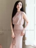 Set áo váy hồng sát nách xếp ly