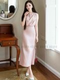 Set áo váy hồng sát nách xếp ly
