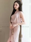 Set áo váy hồng sát nách xếp ly