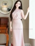 Set áo váy hồng sát nách xếp ly
