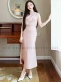 Set áo váy hồng sát nách xếp ly