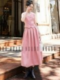 Set hồng áo gile chân váy xoè xếp ly