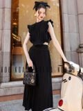 Set áo váy đen dập ly