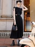 Set áo váy đen dập ly