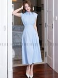 Đầm sơ mi xanh biển xếp ly