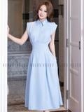 Đầm sơ mi xanh biển xếp ly