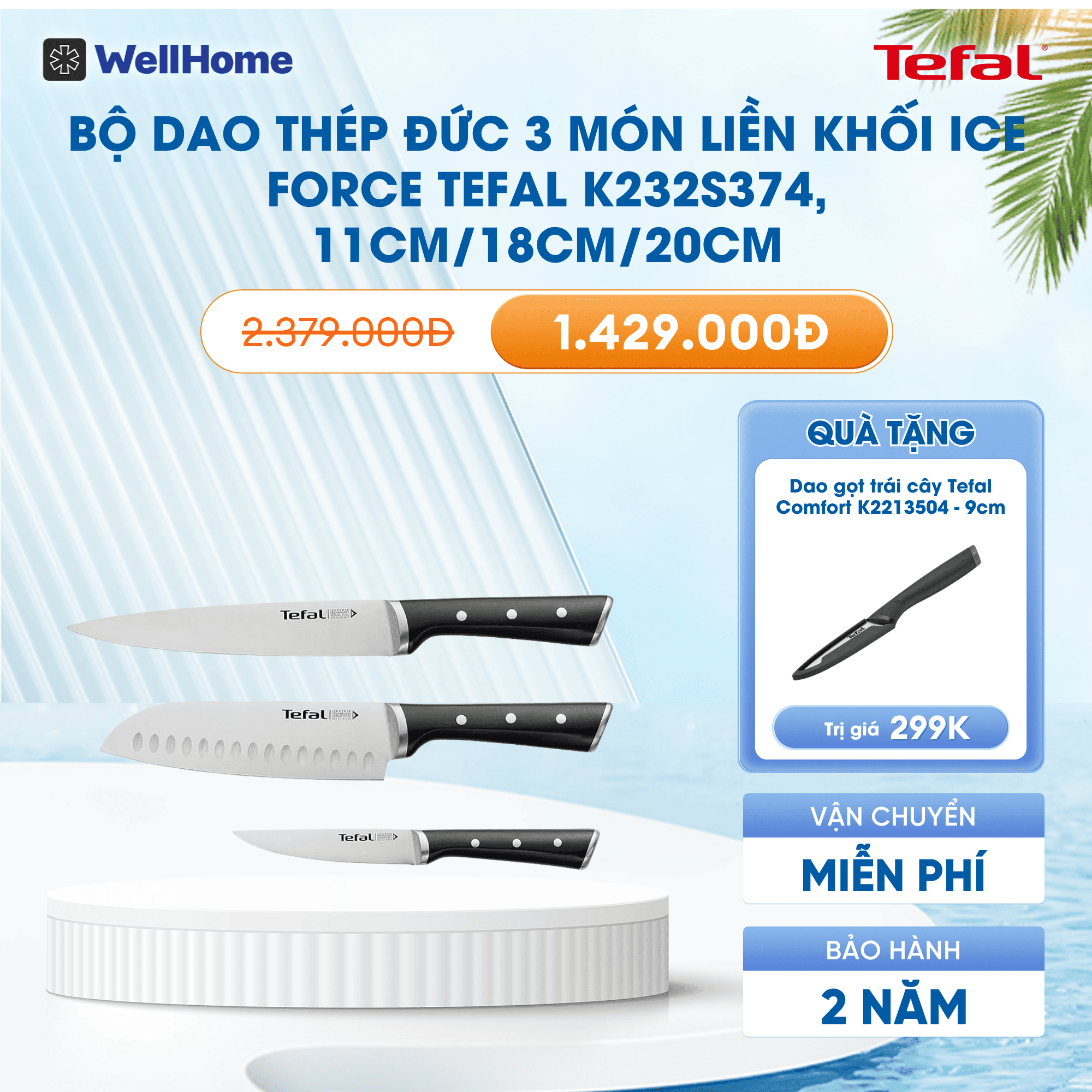 Bộ dao thép Đức 3 món liền khối Ice Force Tefal K232S374, 11cm/18cm/20cm