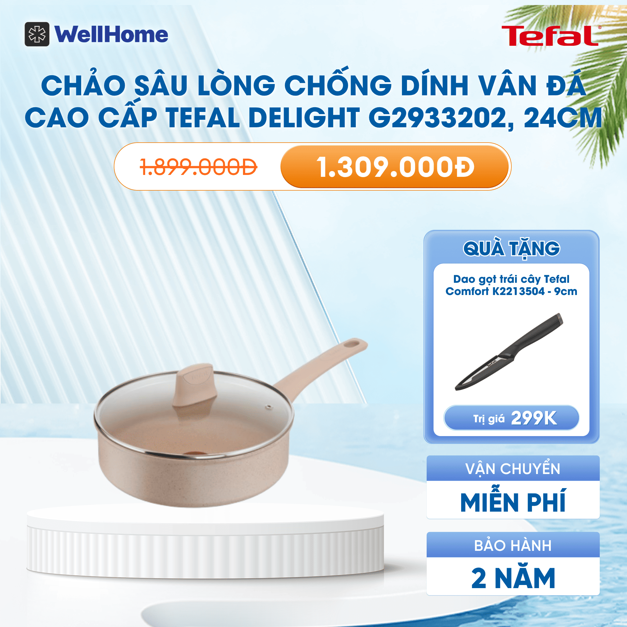 Chảo sâu lòng chống dính vân đá cao cấp Tefal Delight G2933202, 24cm