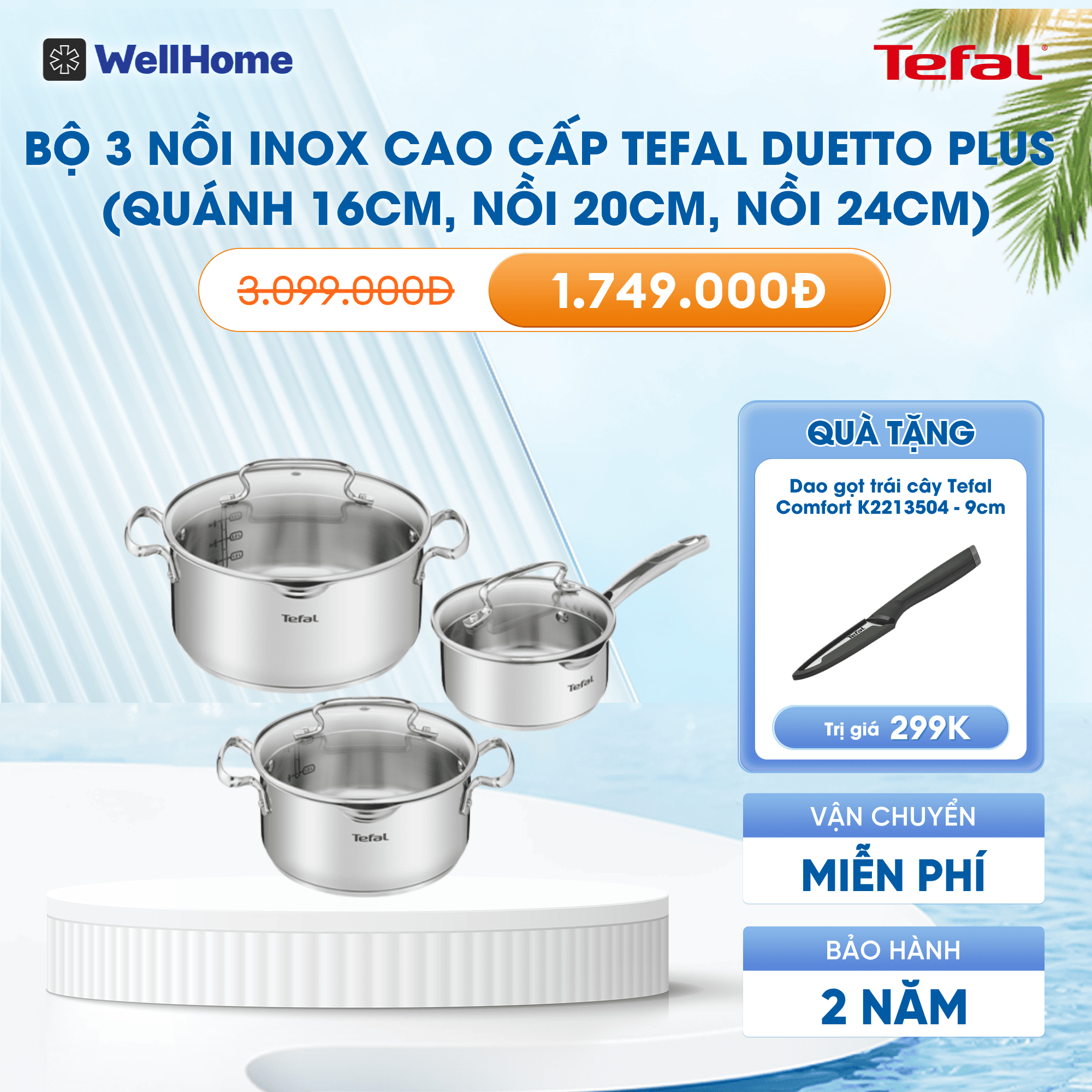 Bộ 3 nồi Inox cao cấp Tefal Duetto Plus (Quánh 16cm. Nồi 20cm. Nồi 24cm)