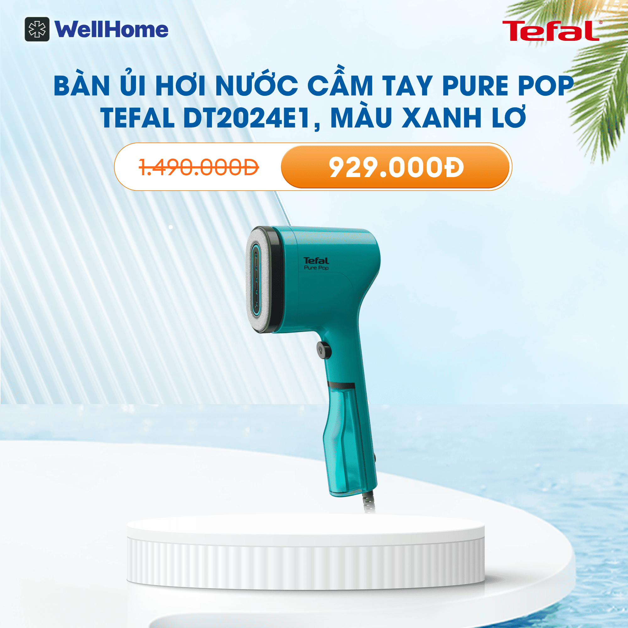 Bàn ủi hơi nước cầm tay Pure Pop Tefal màu xanh lơ