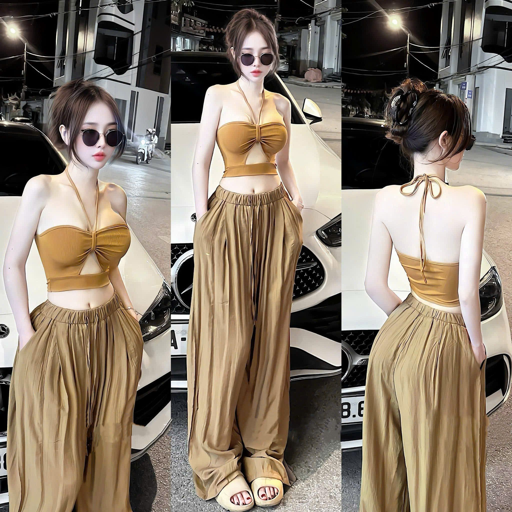 Set áo yếm khoét ngực mix quần suông dáng dài siêu hot - T581