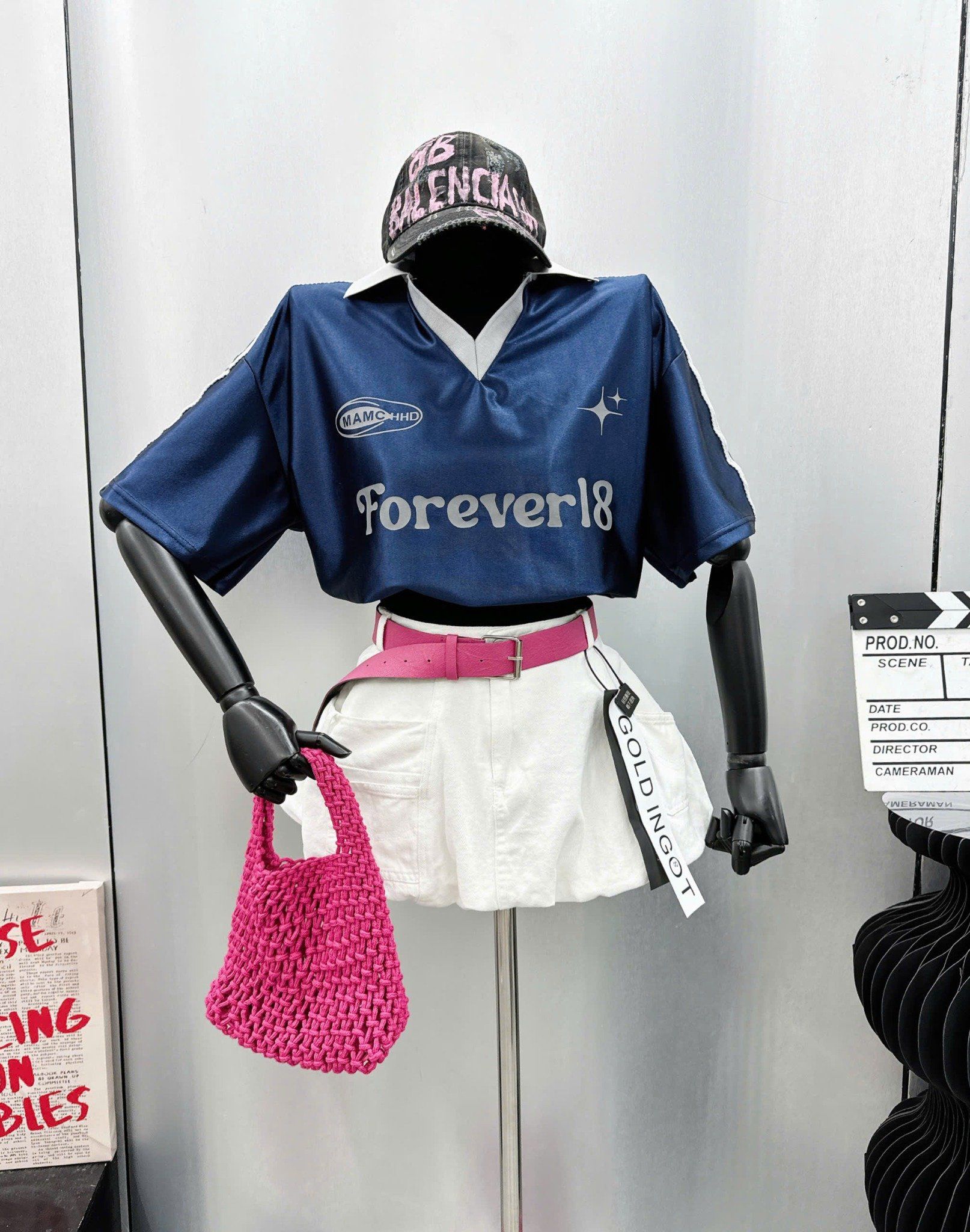 Set áo polo in chữ FOREVER 18 phối sọc vai dây rút eo croptop mix chân váy kaki túi hộp - XANH - T660 (EO S<64, M<68CM ,L<72CM)