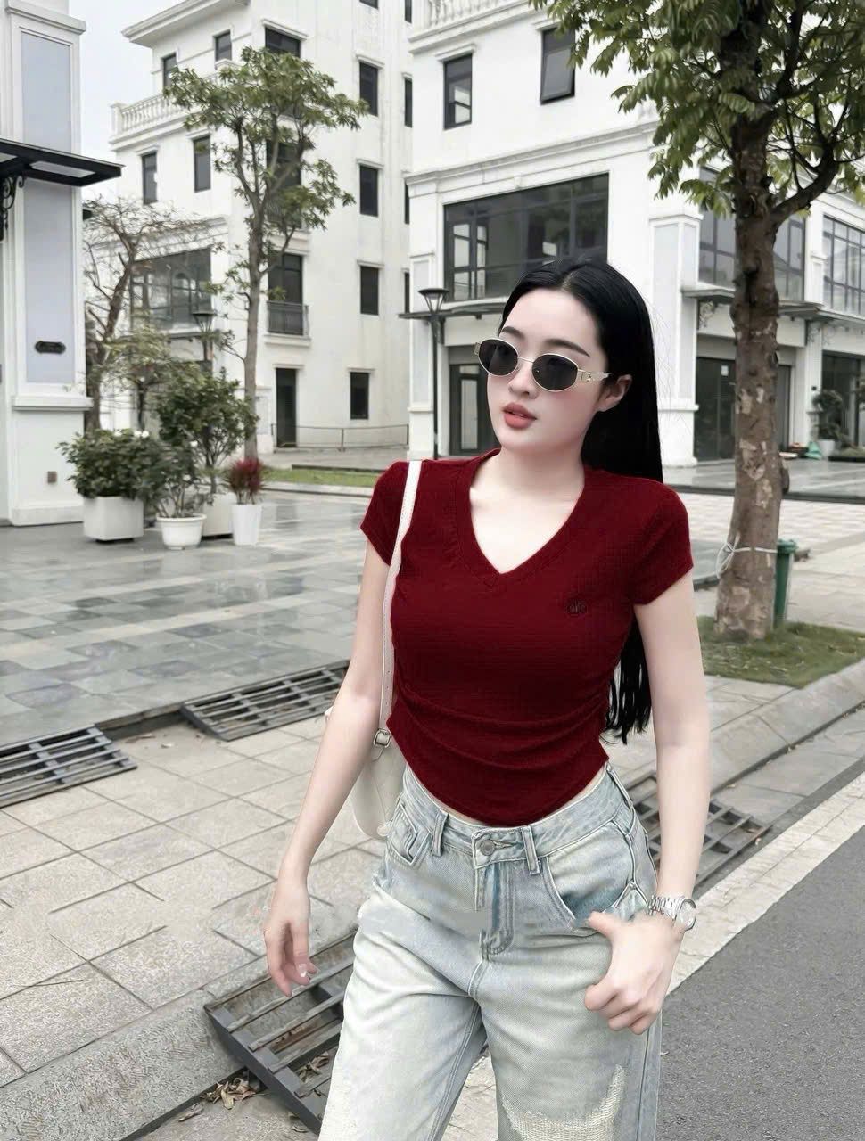 Áo thun cổ tim nhún eo ALO siêu hot - ĐỎ - T669