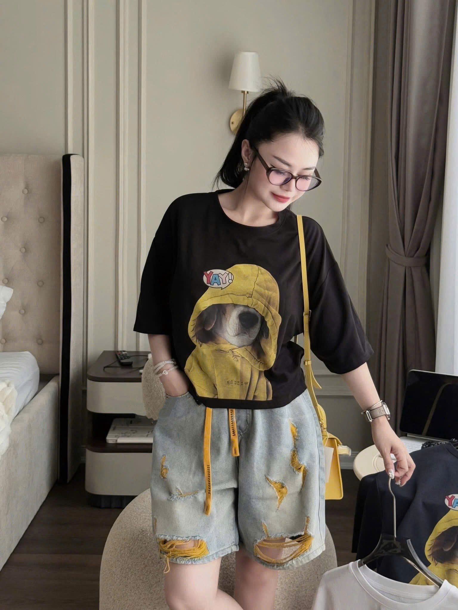 Set áo thun chú chó mix quần ngố jean siêu xinh - ĐEN - Q104