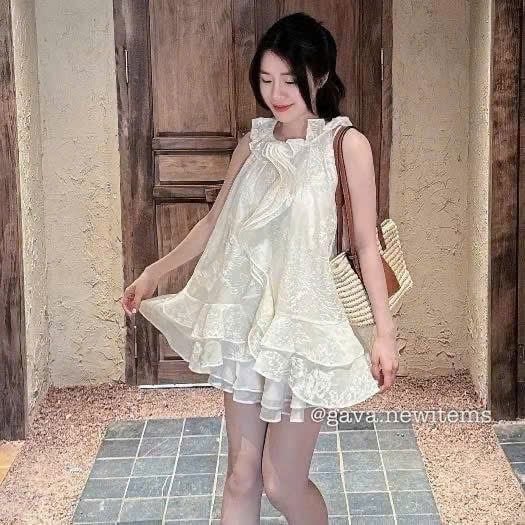 Set áo sát nách ren hoa viền bèo mix quần bum bí tiểu thư - Q196