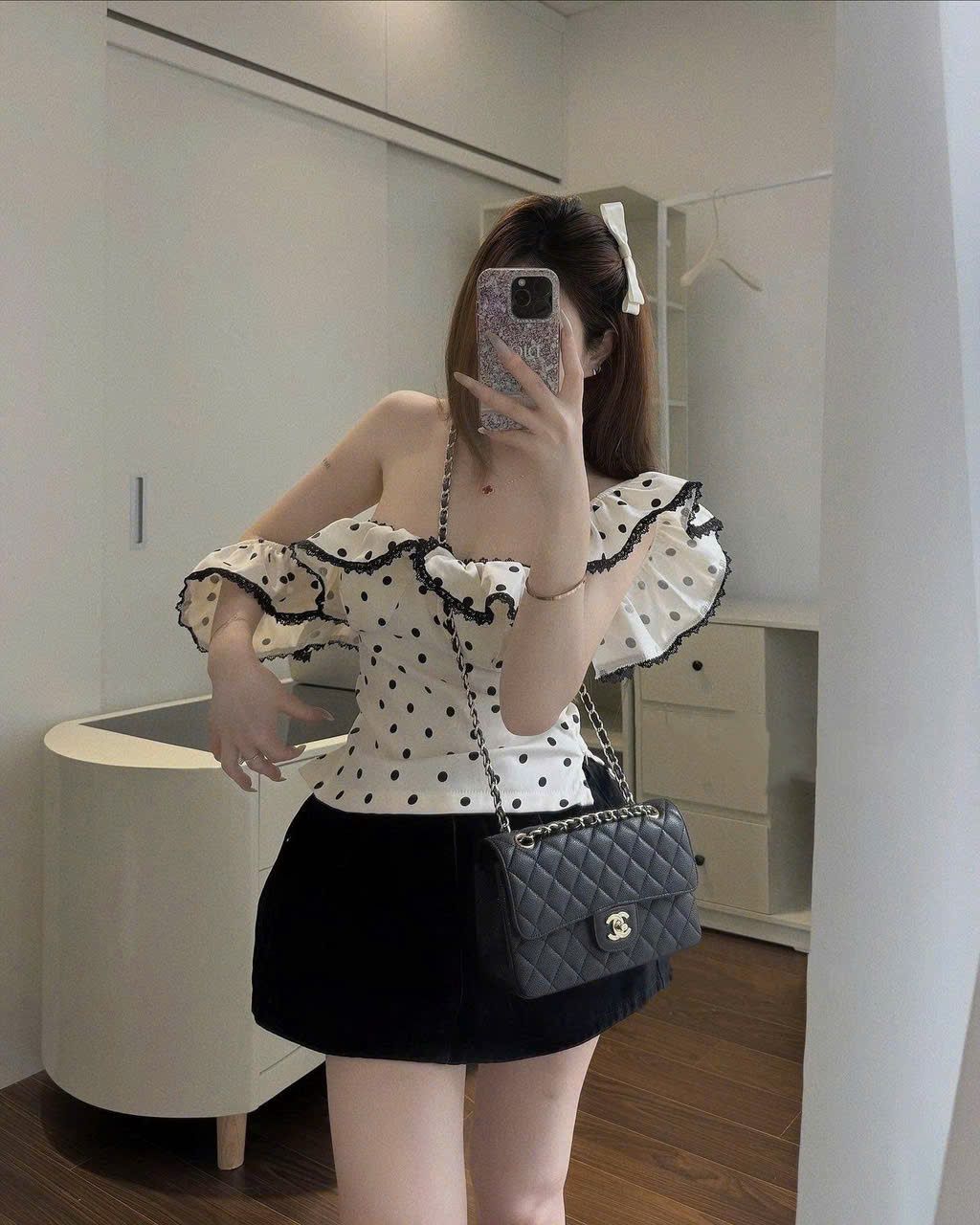 Set áo trễ vai chấm bi bèo phối viền ren mix chân váy siêu hot - Q222 (eo S<66, M<70, L<74)