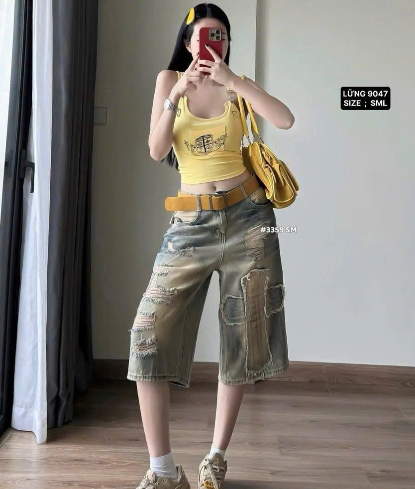 Quần jean ngố rách thánh giá wax màu phông cách kèm đai - Q234 (Eo S<64, M<68, L<72cm)