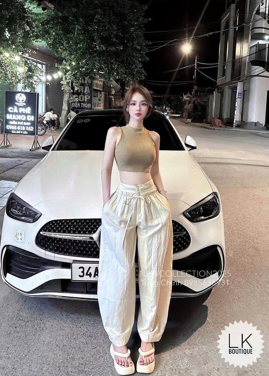 Set áo ba lỗ croptop mix quần suông dáng dài buộc dây eo siêu hot - Q246 (EO S<68, M<72)
