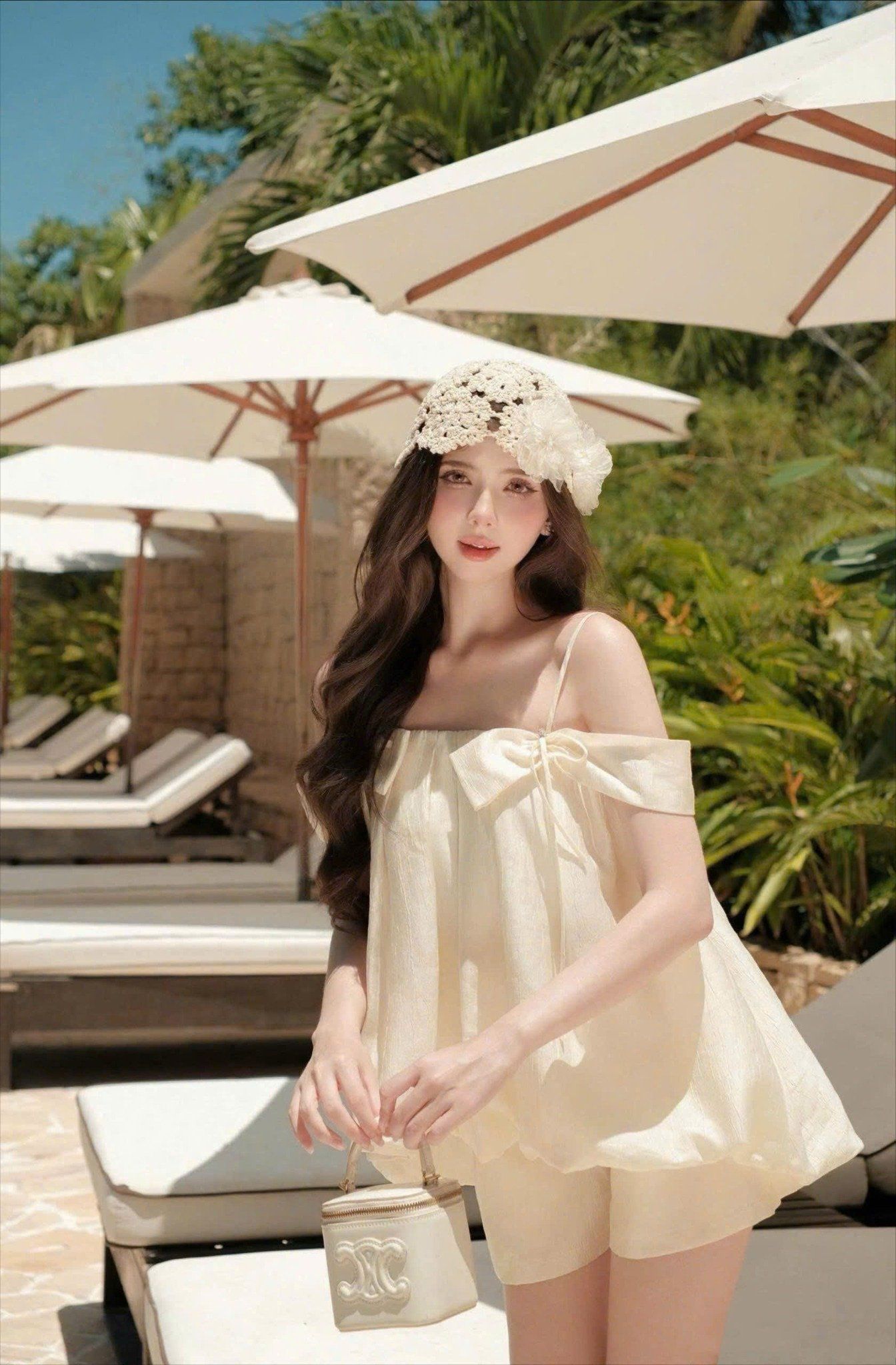 Set áo hai dây bí đính nơ mix quần short tiểu thư - Q253 (EO S<68, M<72)