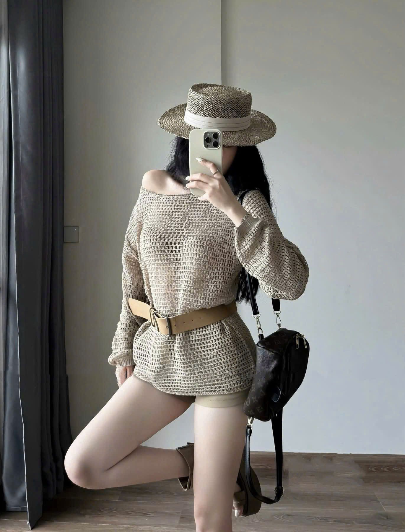 Áo len lưới lệch vai dài tay kèm đai siêu hot - Q295