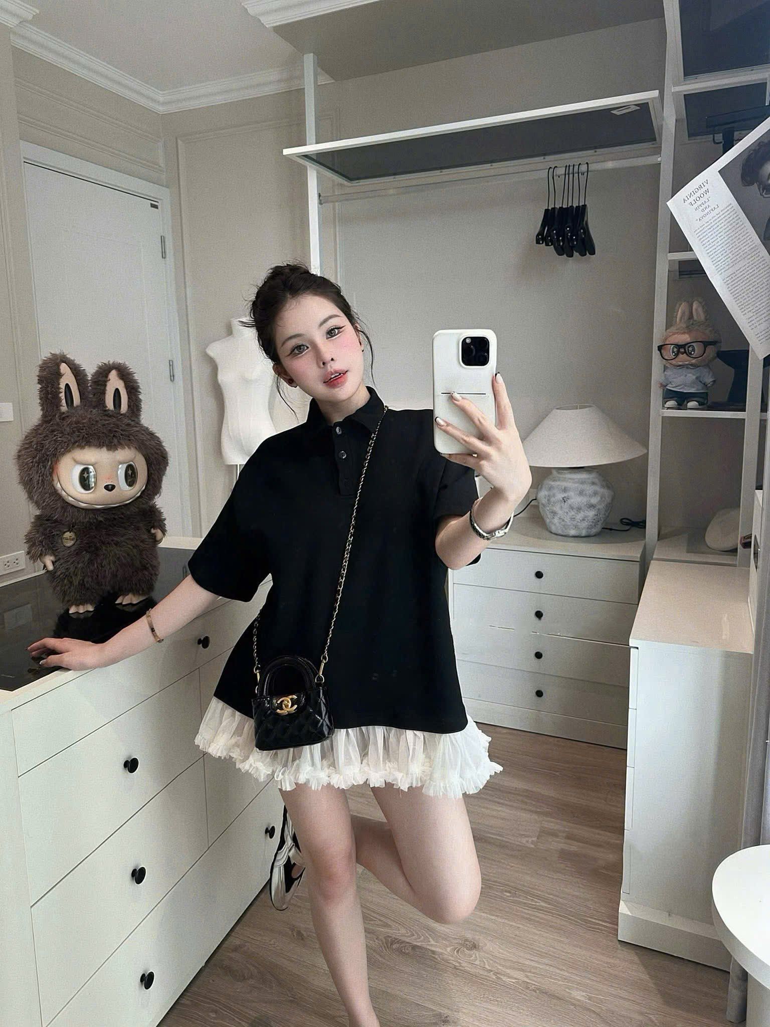 Váy suông cổ sen phối ren xòe bồng siêu hot - ĐEN - Q318