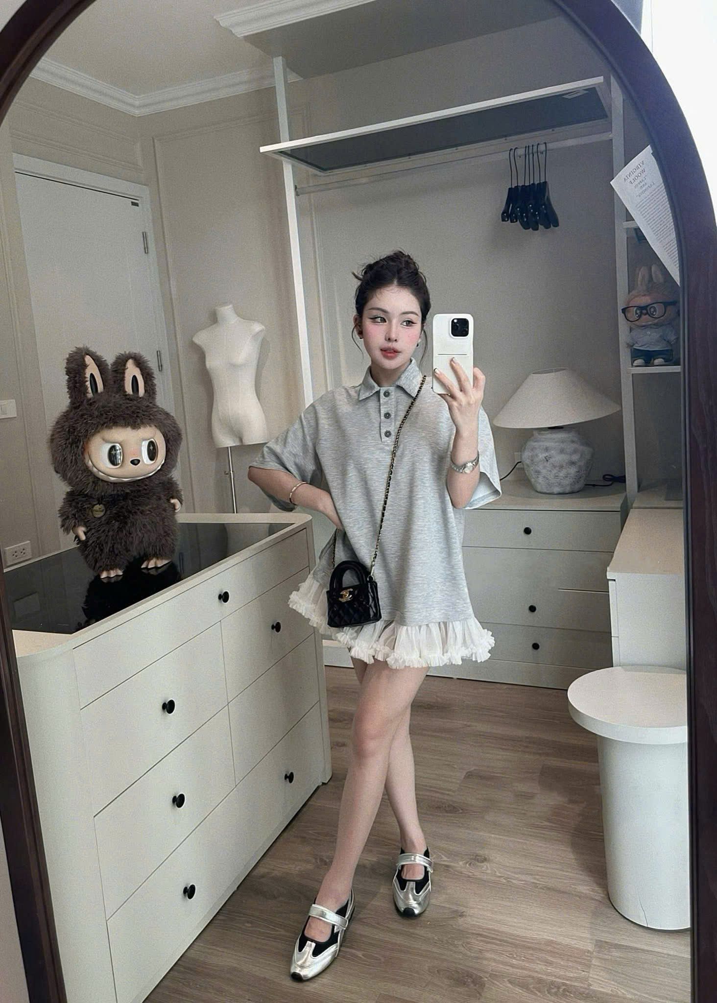 Váy suông cổ sen phối ren xòe bồng siêu hot - XÁM - Q319