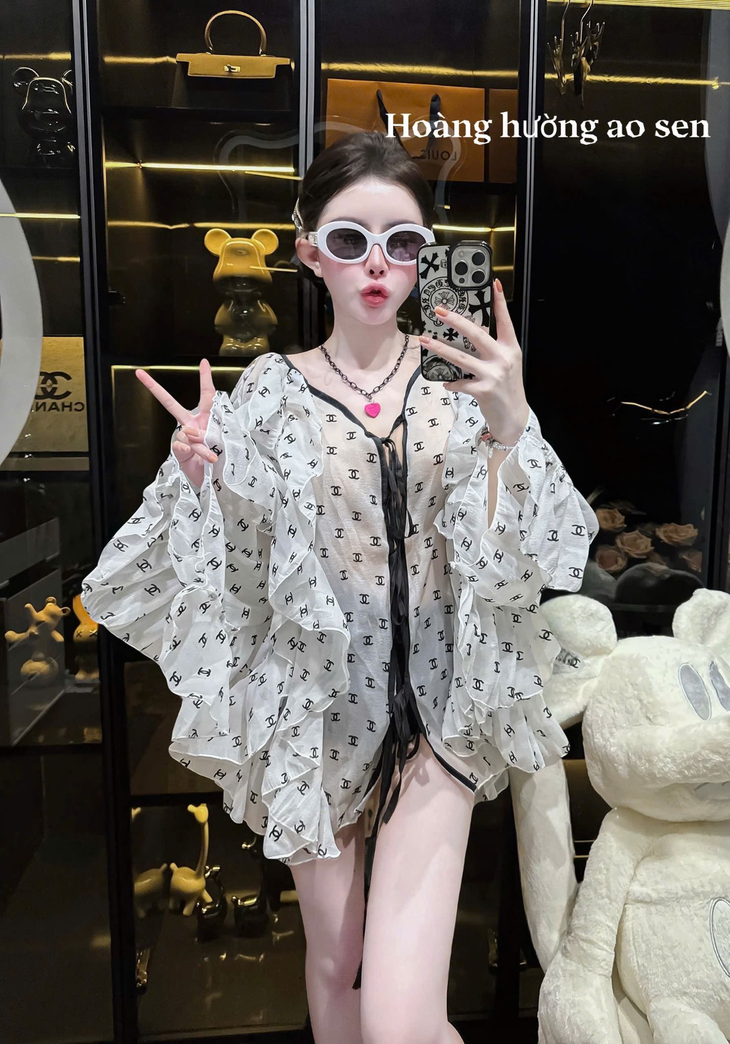 Áo thiết kế tay bèo họa tiết chanel cột dây ngực sang chảnh - Q388