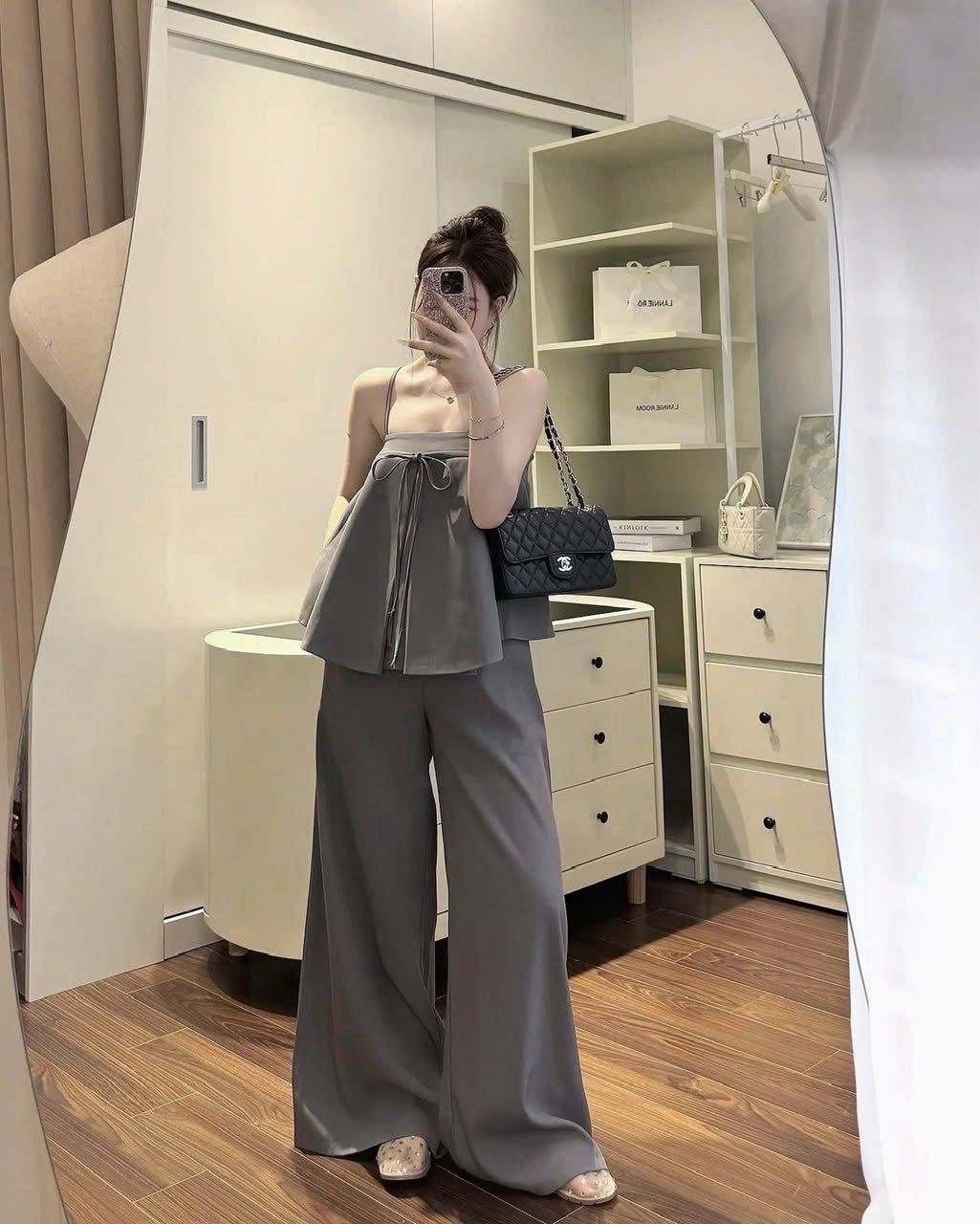 Set áo hai dây babydoll đính nơ ngực mix quần suông ống rộng tiểu thư - GHI - Q420 (EO S<68, M<72)