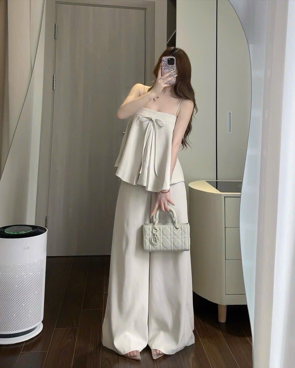 Set áo hai dây babydoll đính nơ ngực mix quần suông ống rộng tiểu thư - KEM - Q419 (EO S<68, M<72)