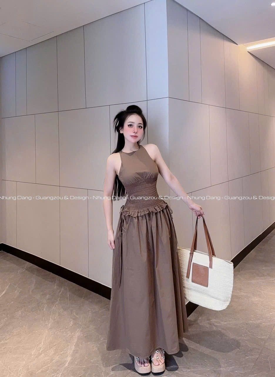 Váy maxi sát nách bo chun eo cột nơ dáng dài siêu hot - NÂU - Q423