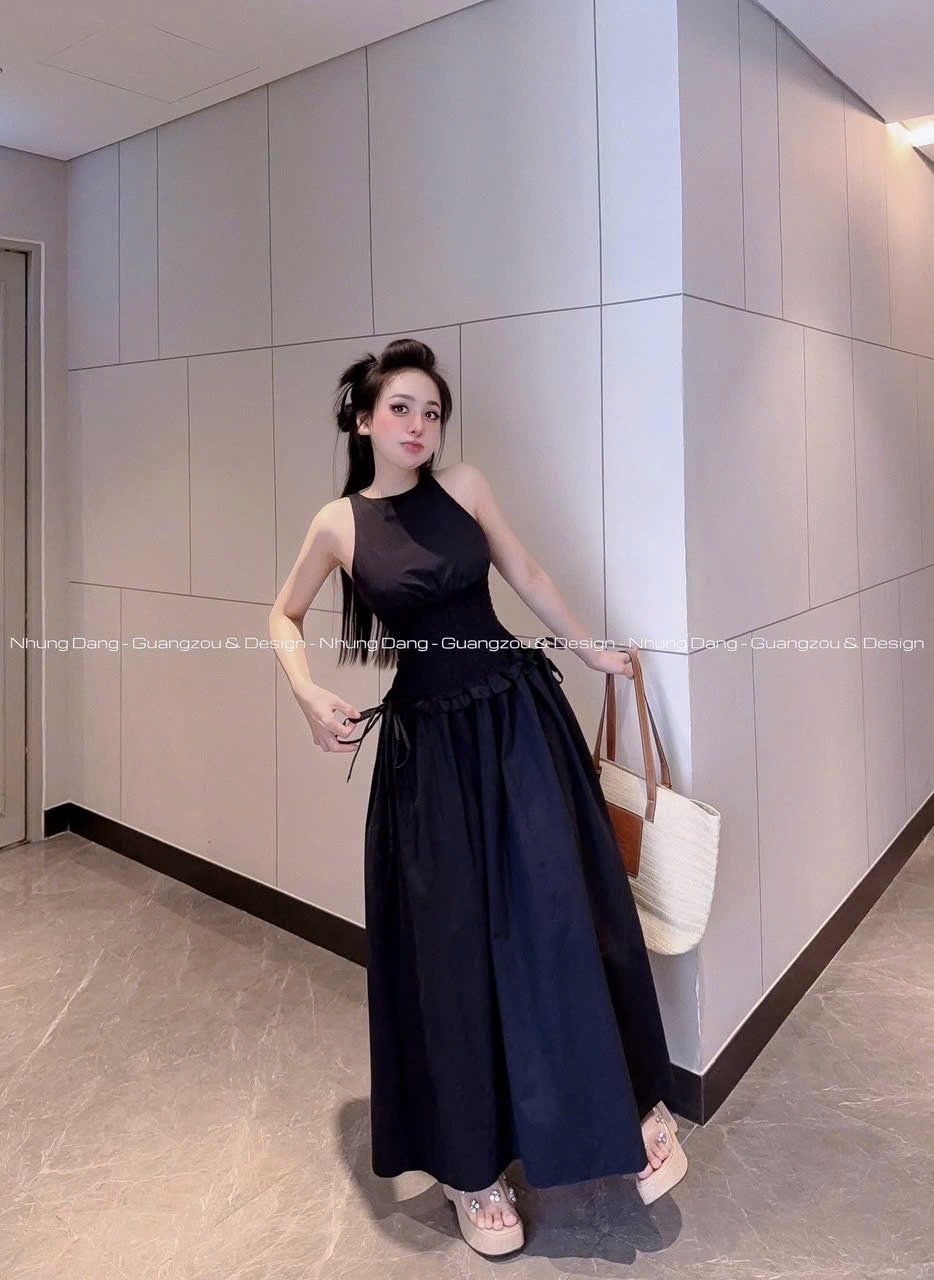 Váy maxi sát nách bo chun eo cột nơ dáng dài siêu hot - ĐEN - Q422