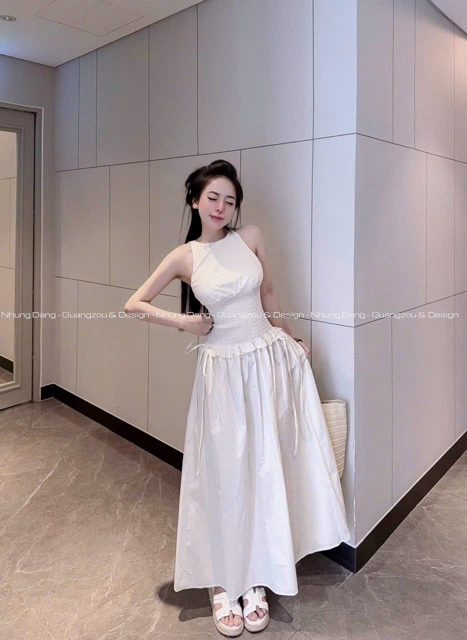 Váy maxi sát nách bo chun eo cột nơ dáng dài siêu hot - TRẮNG - Q424