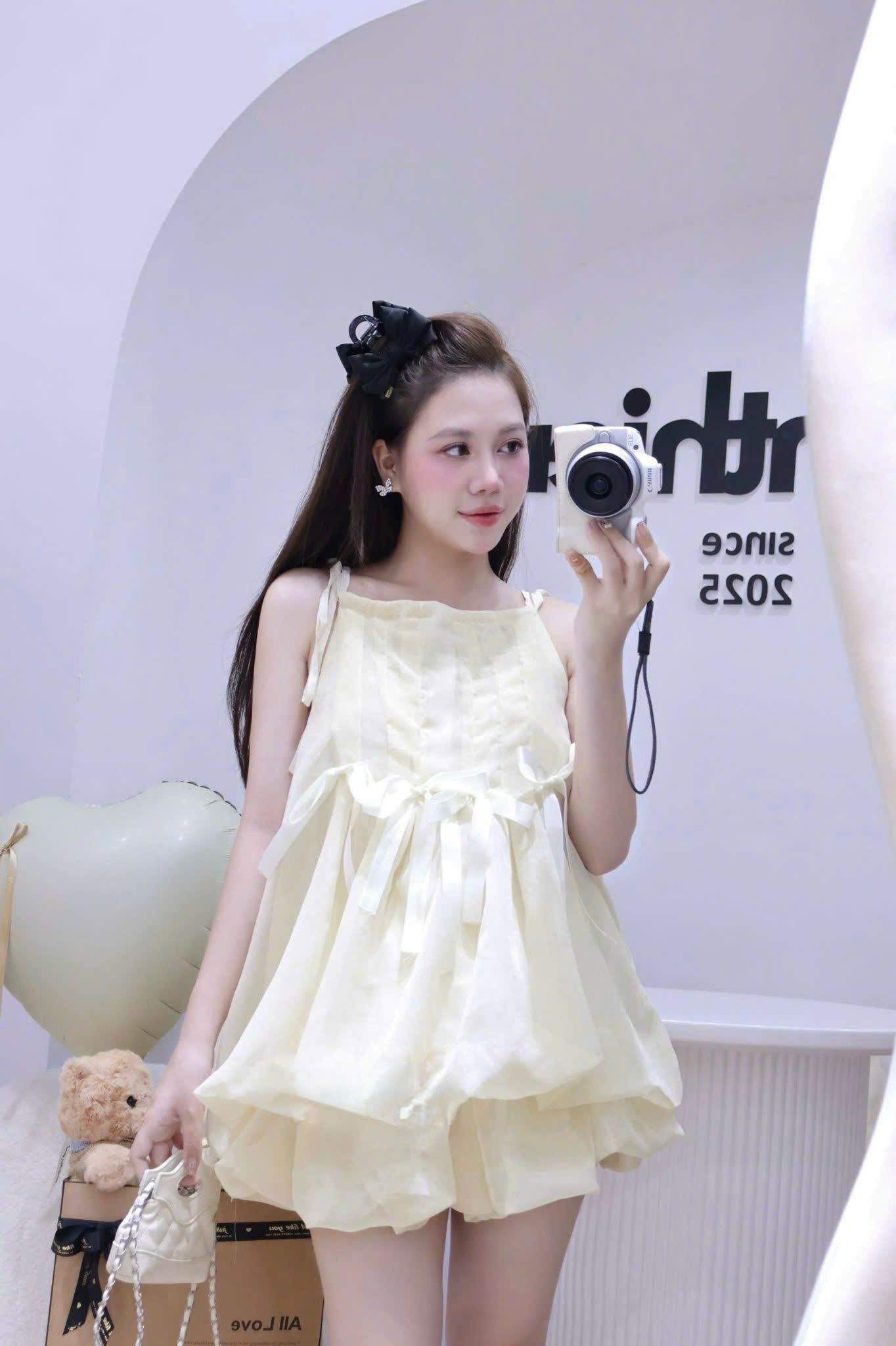 Set áo yếm họa tiết nơ dáng xòe bồng mix chân váy siêu xinh - KEM - Q429 ( eo S<68 ,M<72 )