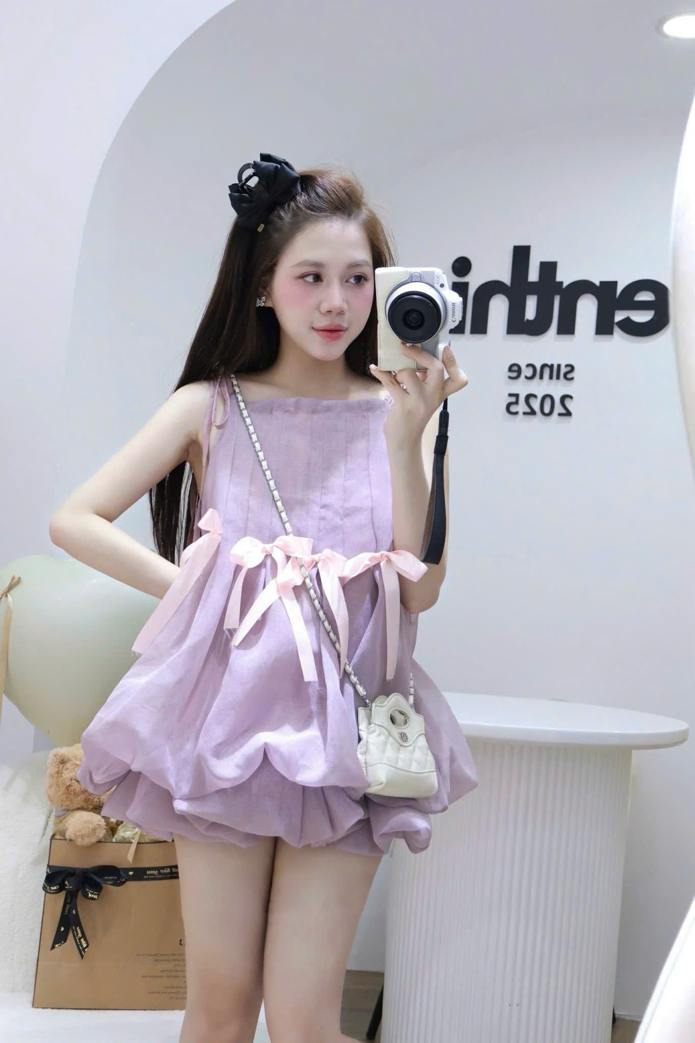 Set áo yếm họa tiết nơ dáng xòe bồng mix chân váy siêu xinh - TÍM - Q430 ( eo S<68 ,M<72 )