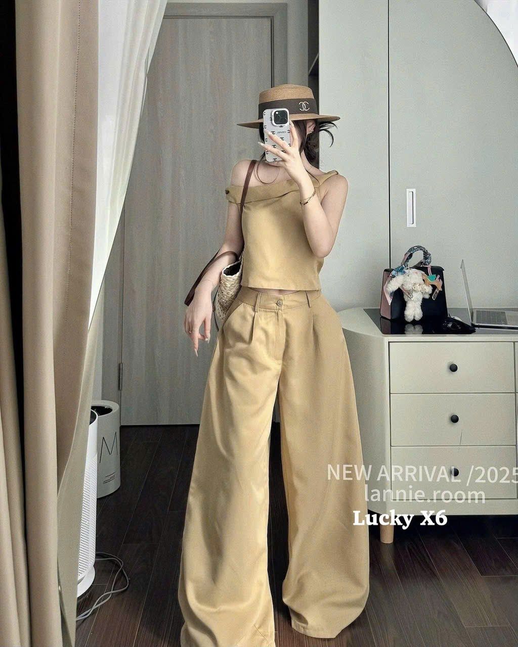 Set áo trễ vai croptop mix quần suông dáng dài siêu hot - Q446 ( eo S<66 ,M<70 , L<74 )