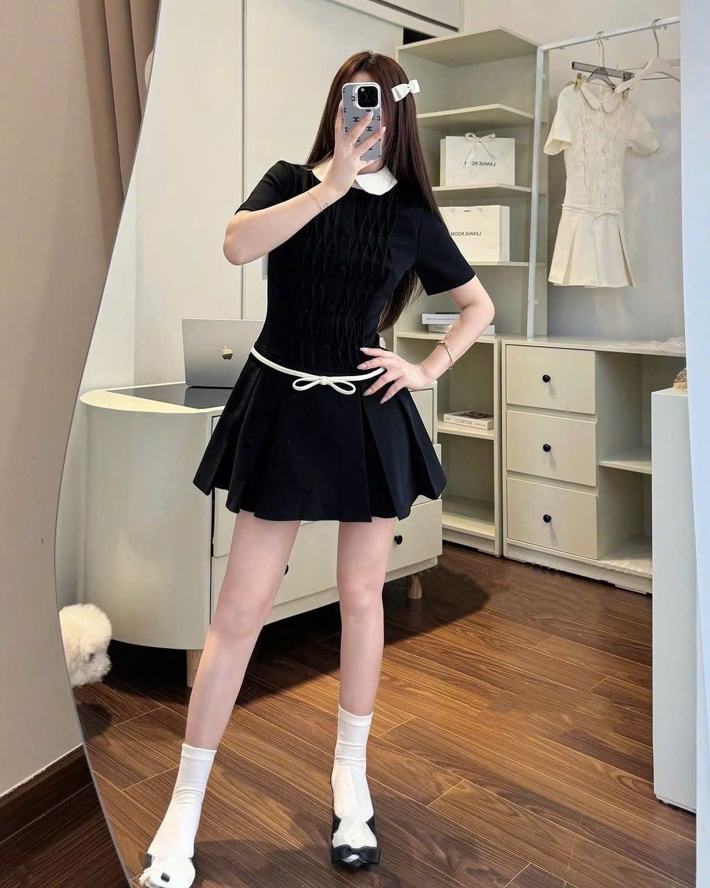 Đầm cổ sen ly xoắn cúc bọc chiết eo đính nơ dáng xòe tôn dáng - ĐEN - Q447 ( eo S<66 ,M<70 , L<74 ) (0)