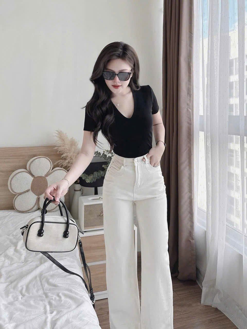 Quần jean ống suông họa tiết thêu thỏ cạp cao tôn dáng - KEM - Q484 (EO S<66, M<70, L<74)
