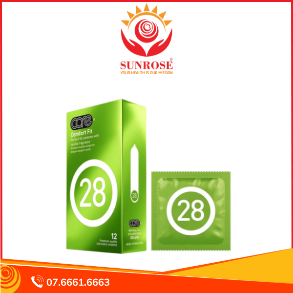 Bao cao su CARE 28 Comfort Fit trơn mỏng truyền thống - hương vani hộp 12 cái