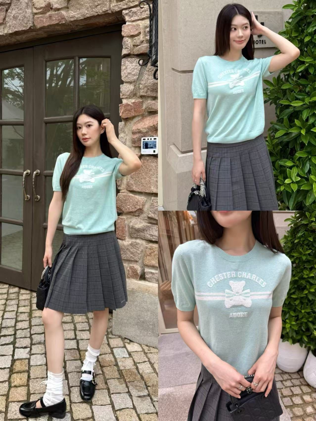 Áo Xanh ngọc chữ CC ngực - gấu ADORE trắng