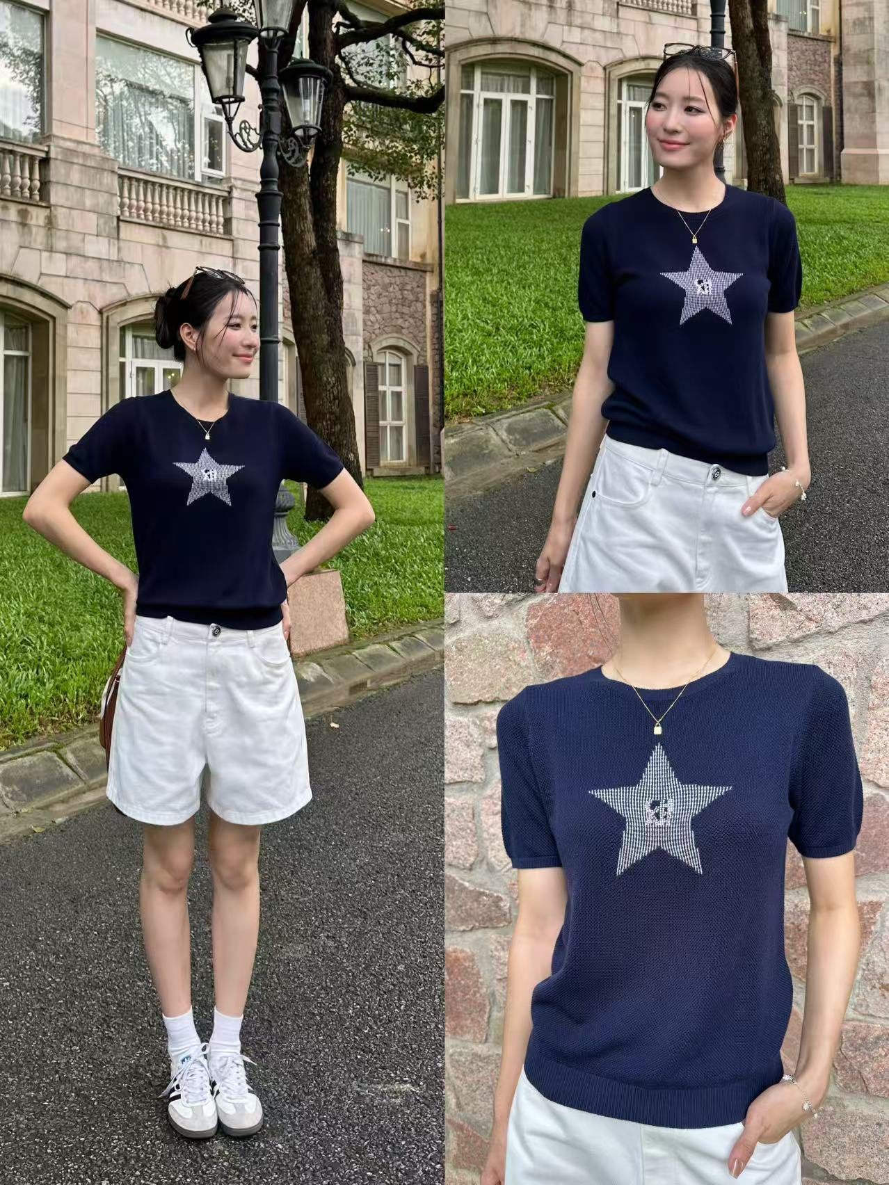 Áo navy ngắn tay, ngôi sao lớn đính đá ngực