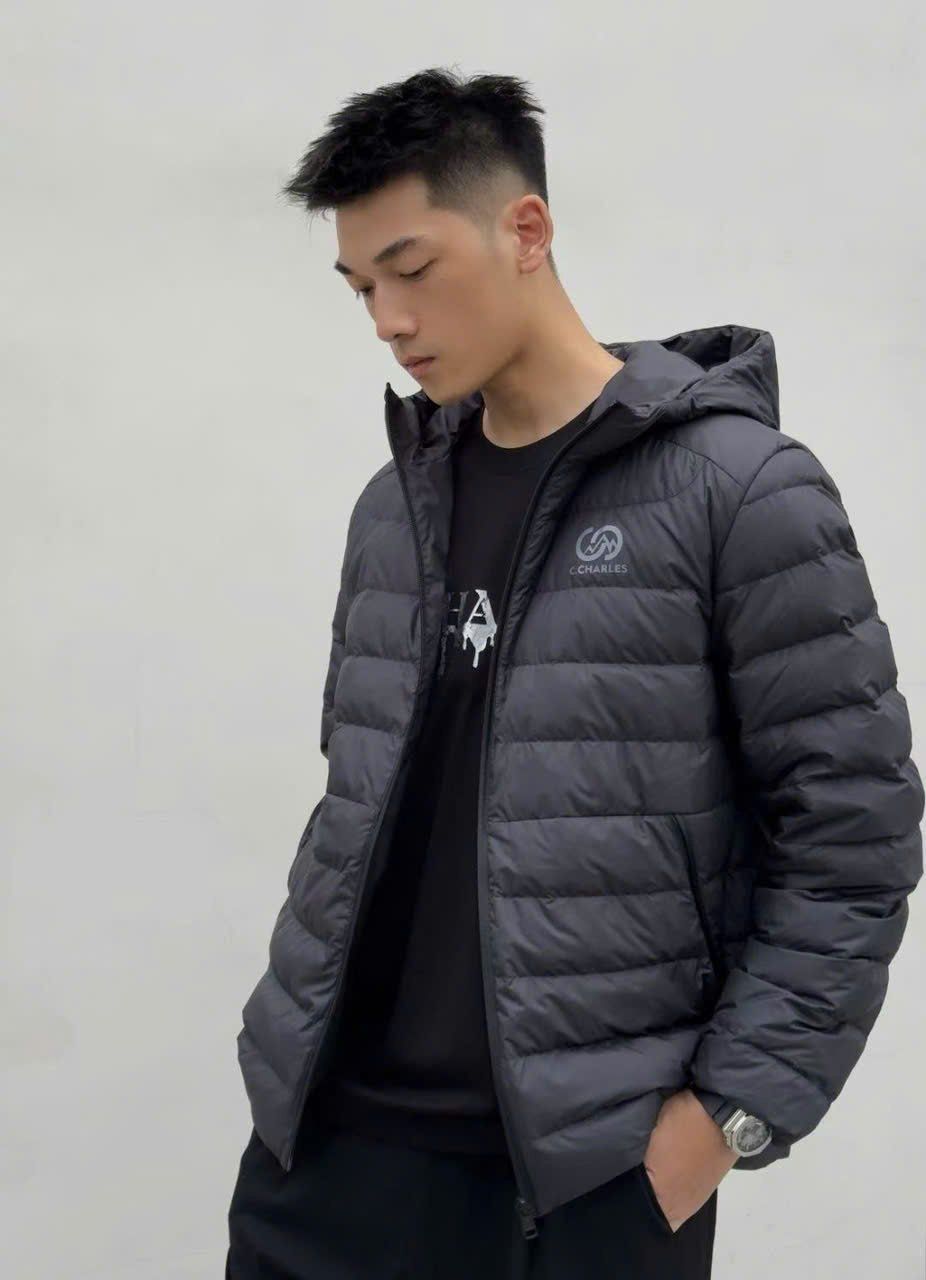 Áo phao nam đen chì mũ liền