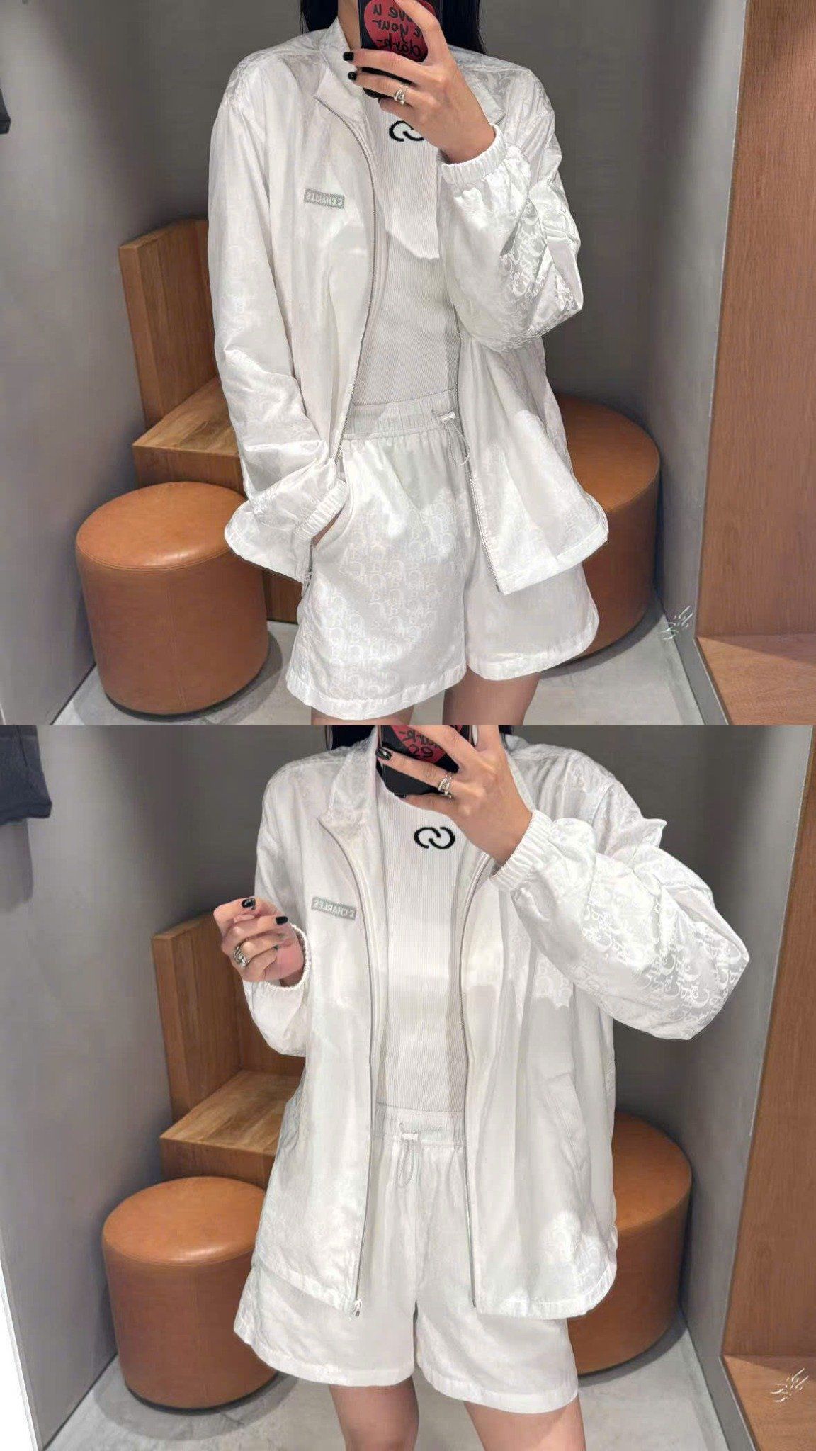 Áo khoác gió trắng Logo xám set