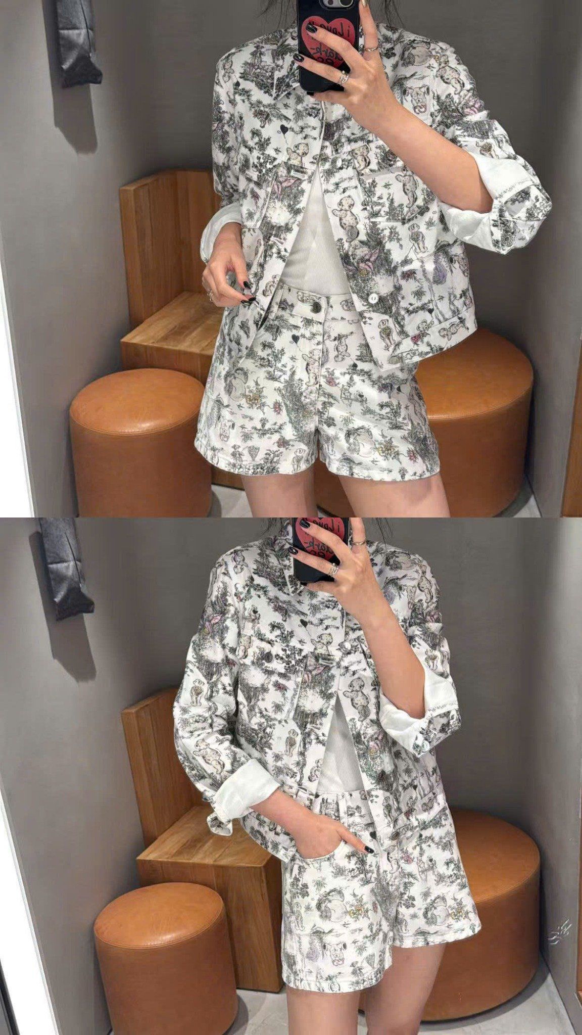 Bộ áo khoác và quần sooc jean trắng - họa tiết gấu set