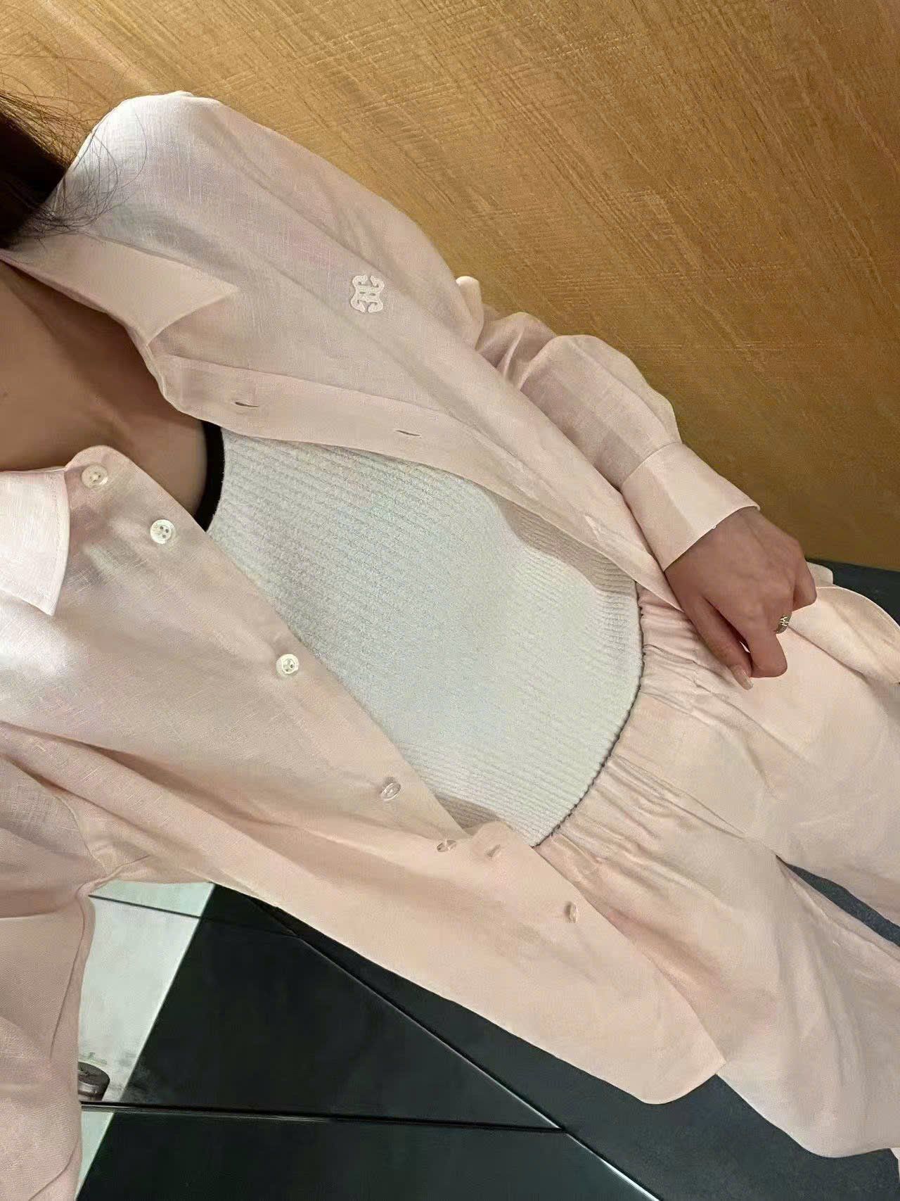 Bộ Áo sơ mi và quần dài cạp chun - be hồng nhạt logo trắng set