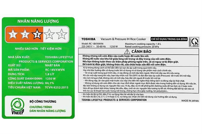 Nồi cơm điện Toshiba RC-18VXWVN(W) áp suất chân không màu trắng