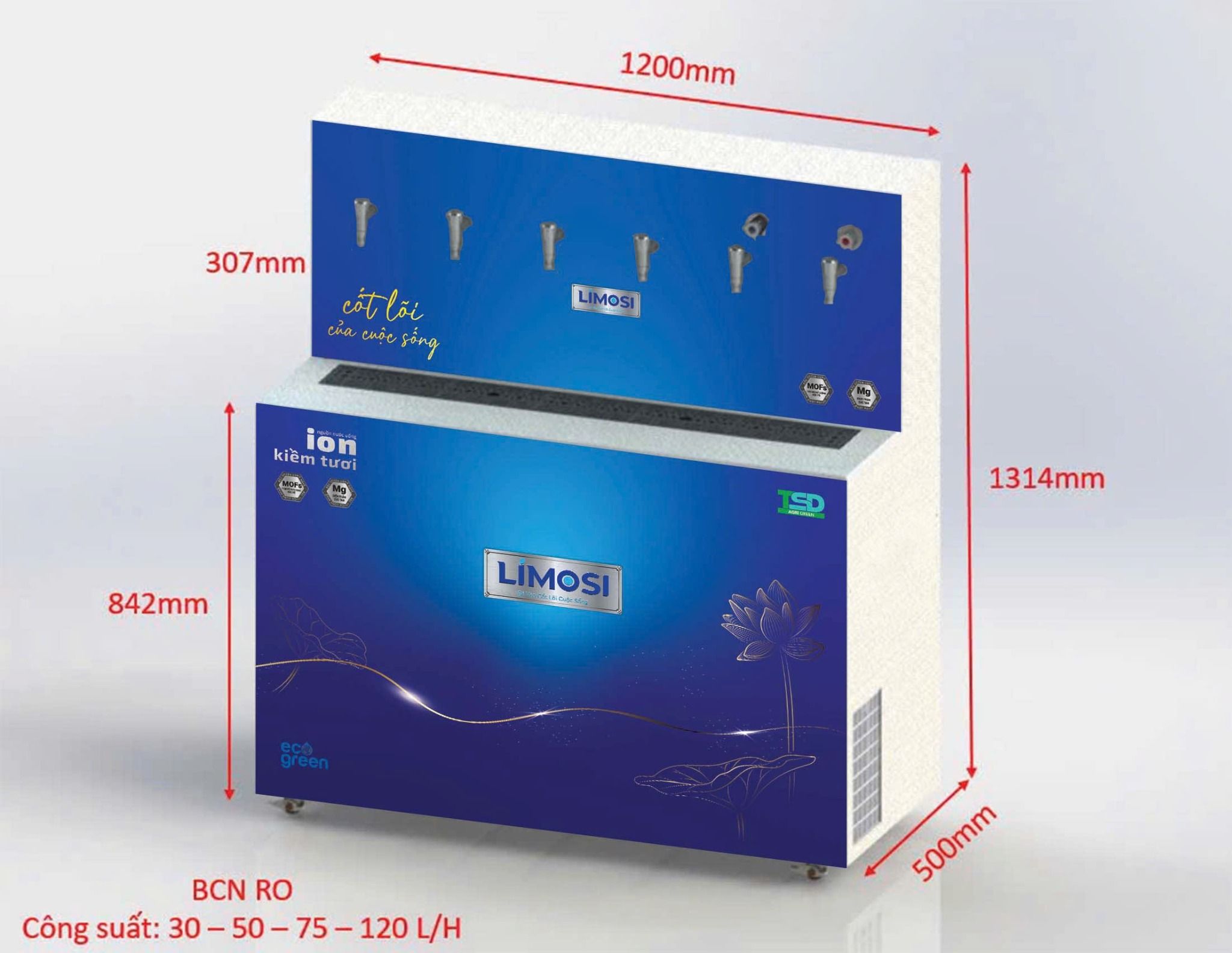 Máy ion kiềm tươi magie Limosi 100L/H 5 vòi Nóng Lạnh Nguội 5NL-100