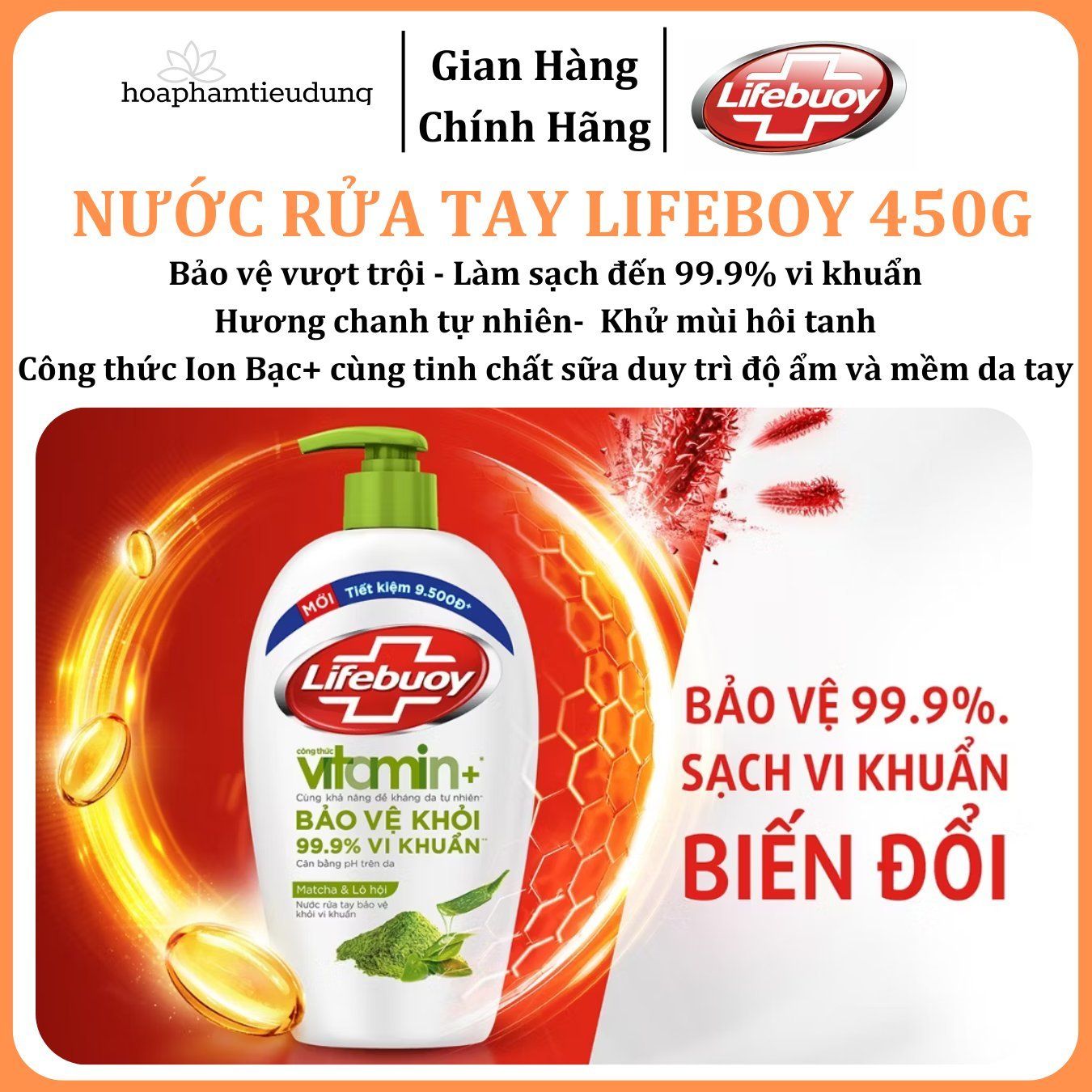 Nước Rửa Tay Lifebuoy Bảo Vệ Khỏi 99.9% Vi Khuẩn Gây Bệnh Với Ion Bạc+ Hỗ Trợ Cùng Đề Kháng Da Tự Nhiên 450g