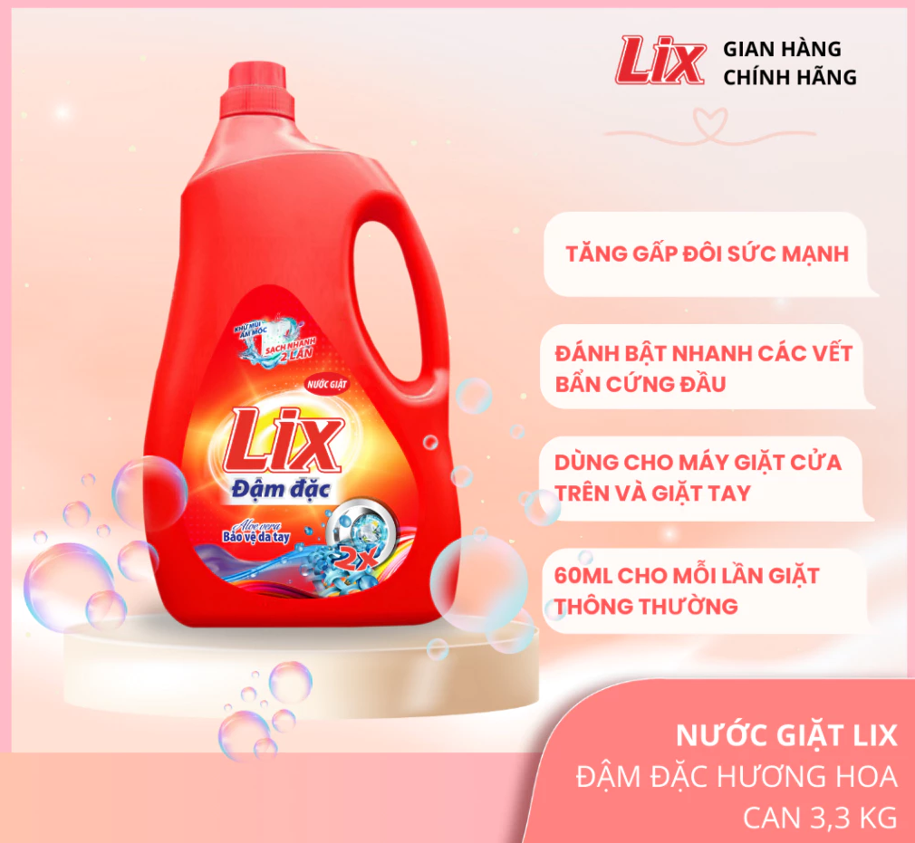 Nước giặt Lix đậm đặc hương hoa chai 3.3kg làm sạch cực nhanh vết bẩn tăng gấp đôi sức mạnh giặt tẩy quần áo
