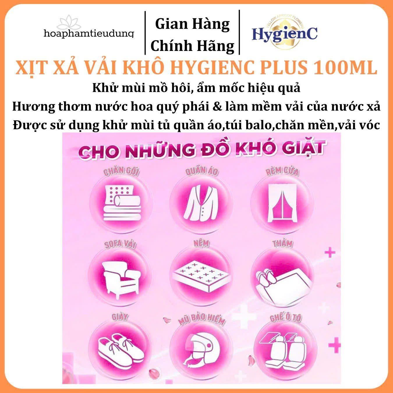 Xịt xả vải khô HygienC Plus lưu hương nước hoa, mềm vải, khử mùi hôi ẩm mốc tốt